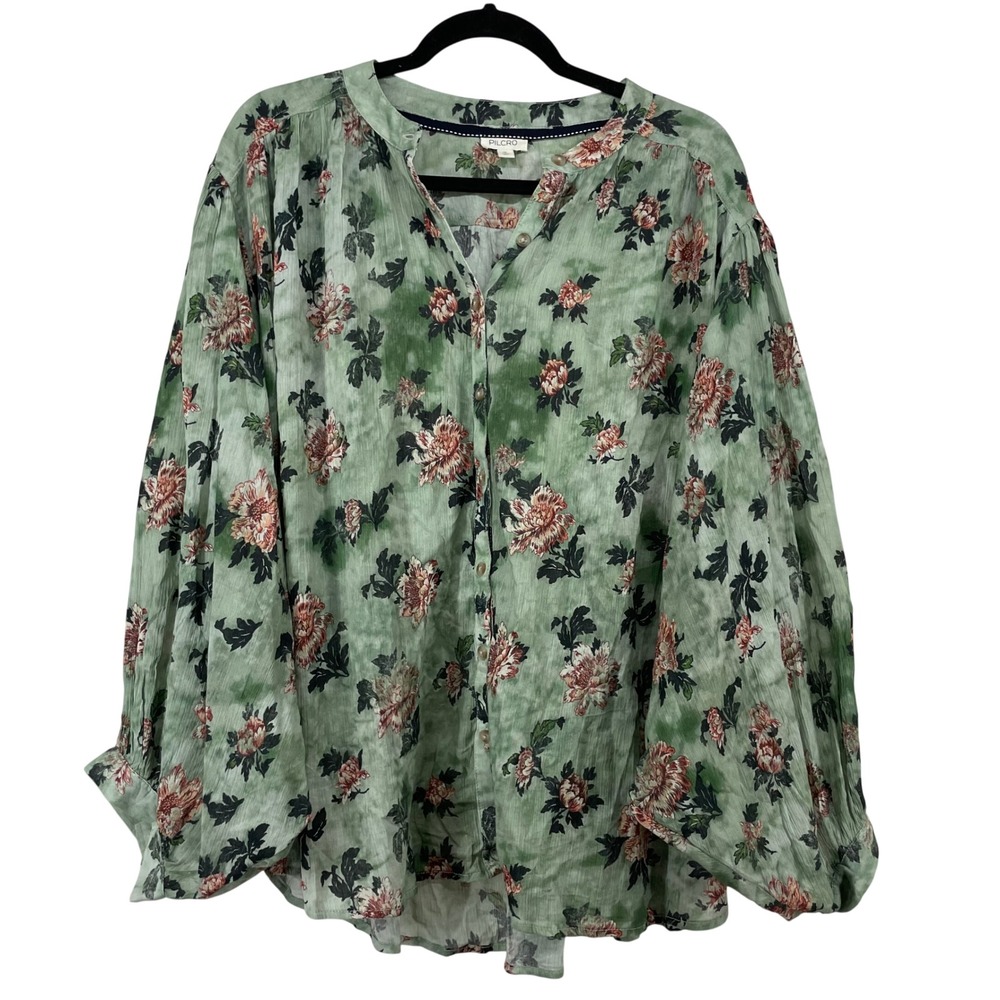 Pilcro Size 1X Sidney Batwing Blouse Green Floral Tie Dye Cotton Gauze Women Top